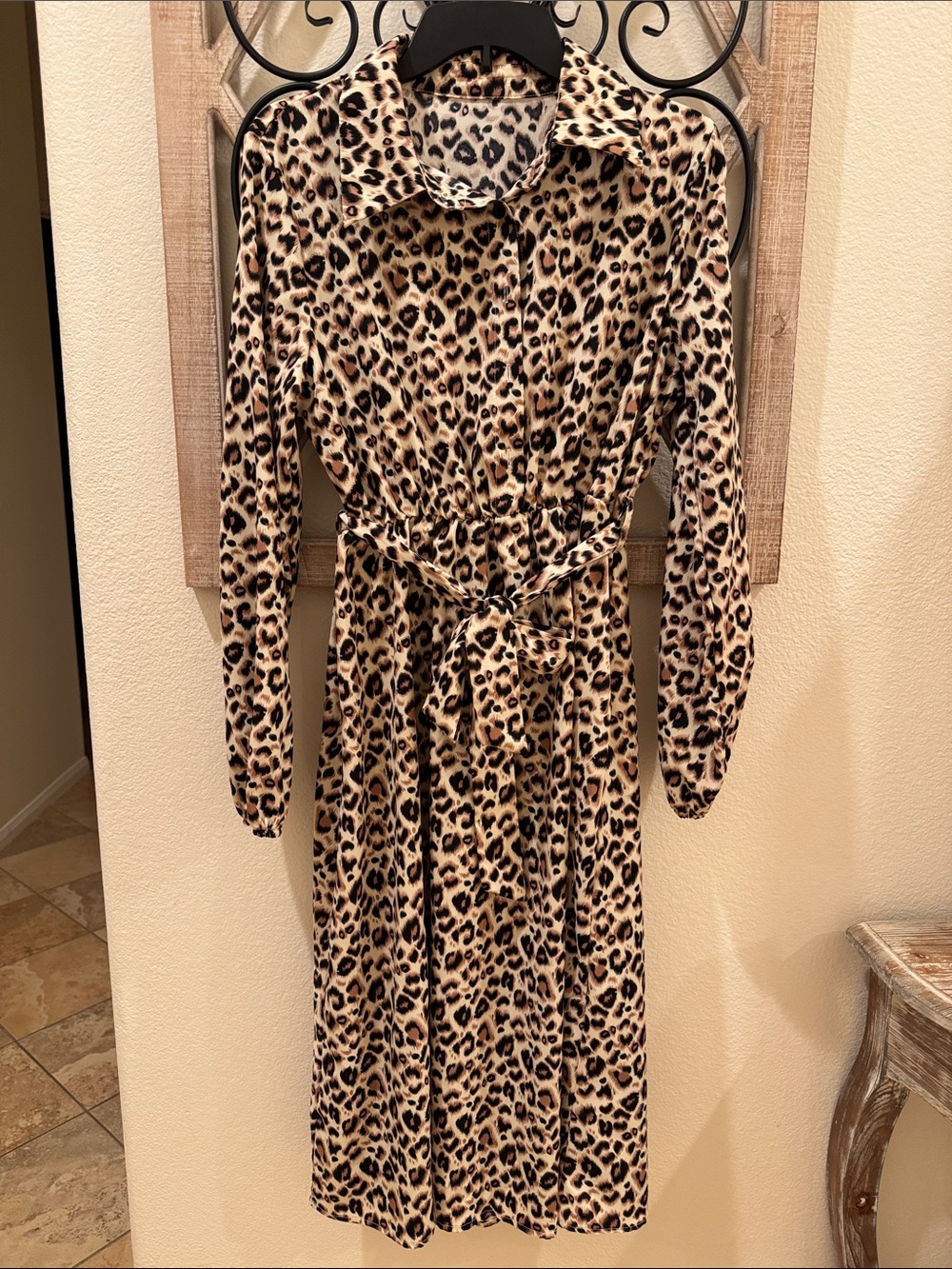 SHEIN Beige and Black Leopard Midi Shirt Dress with Waist Tie